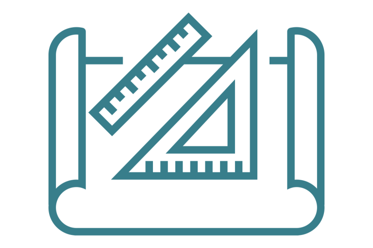 Wirk-Prinzip-Prüfung Symbol für technische Zeichnung mit Lineal und Winkelmaß auf Rolle.